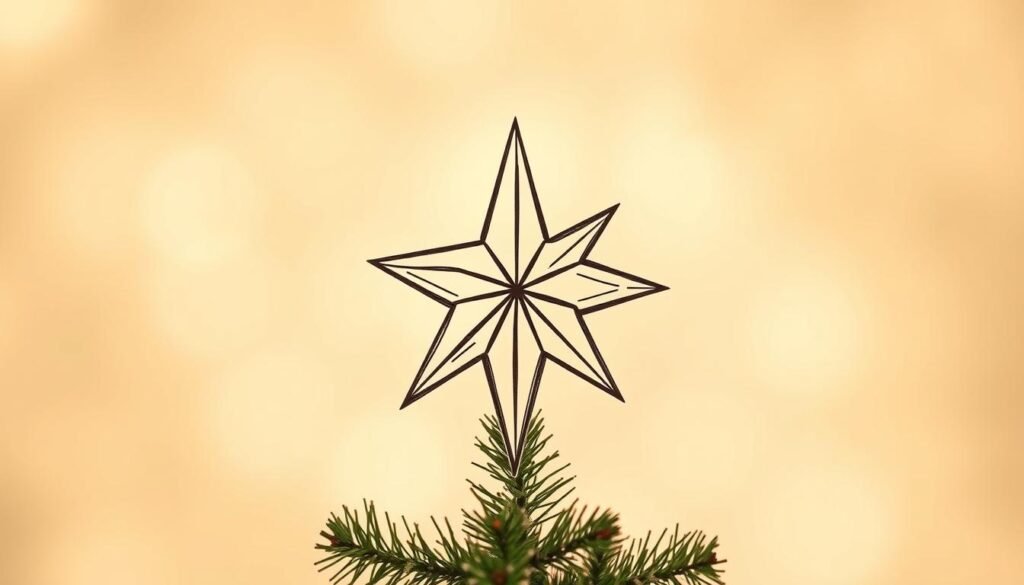 A detailed, hand-drawn Christmas tree star against a soft, hazy background. The star is sketched with precise lines, capturing its geometric form and intricate details. The lighting is warm and diffused, creating a cozy, festive atmosphere. The star is the focal point, positioned prominently atop the imaginary tree, radiating a sense of holiday cheer. The overall composition is balanced and visually appealing, suitable for illustrating the "Step 4: Including a Star on Top" section of the article.