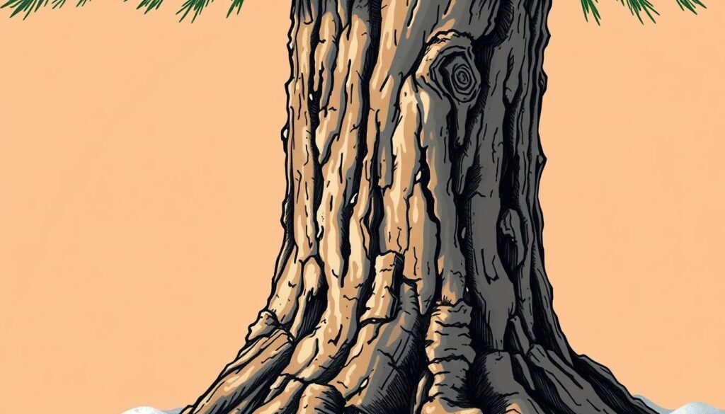 A detailed, hand-drawn Christmas tree trunk against a warm, earthy background. The trunk has a rugged, textured appearance, with distinct bark patterns and knots. The lighting casts soft, natural shadows that add depth and dimension. The overall composition captures the intricate beauty and organic qualities of the tree trunk, inviting the viewer to closely examine its intricate details. The scene has a cozy, serene atmosphere, evoking a sense of winter tranquility.