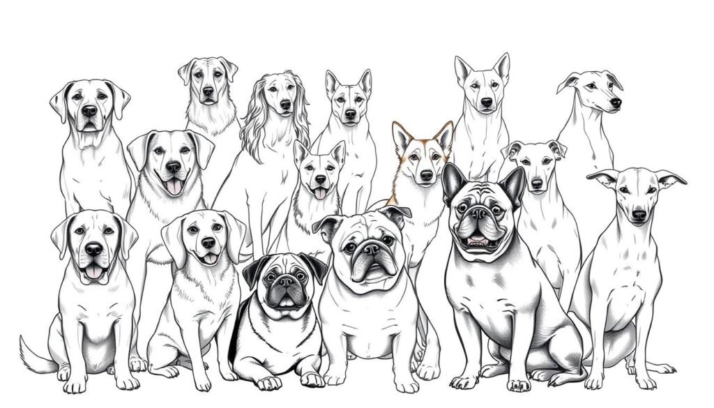 A detailed, hand-drawn illustration of various dog breeds, presented in a visually engaging manner. The foreground features a diverse array of canine subjects, including a playful Labrador, a regal Afghan Hound, and a curious Pug, each captured with intricate linework and subtle shading. The middle ground showcases additional breeds like a majestic Collie, a spirited Corgi, and a elegant Greyhound, all rendered with a delicate touch. The background subtly fades into a neutral, textured backdrop, allowing the focus to remain on the captivating dog illustrations. The overall scene conveys a sense of artistic mastery, inviting the viewer to appreciate the beauty and uniqueness of these beloved companions.