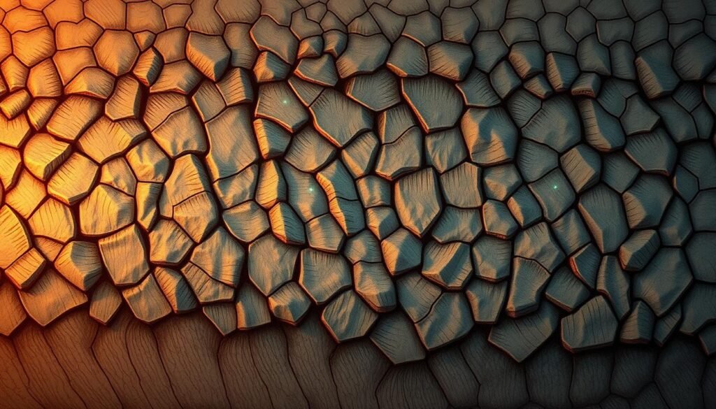A detailed, highly textured shark skin pattern drawn in a realistic, natural style. The skin has a rough, corrugated surface with intricate overlapping scales and grooves. Hints of bioluminescent markings and glow lines add depth and visual interest. The drawing is illuminated by a warm, dramatic lighting from the side, casting shadows that emphasize the textural details. The composition places the shark skin pattern in the center, filling the frame with its complex, mesmerizing structure.