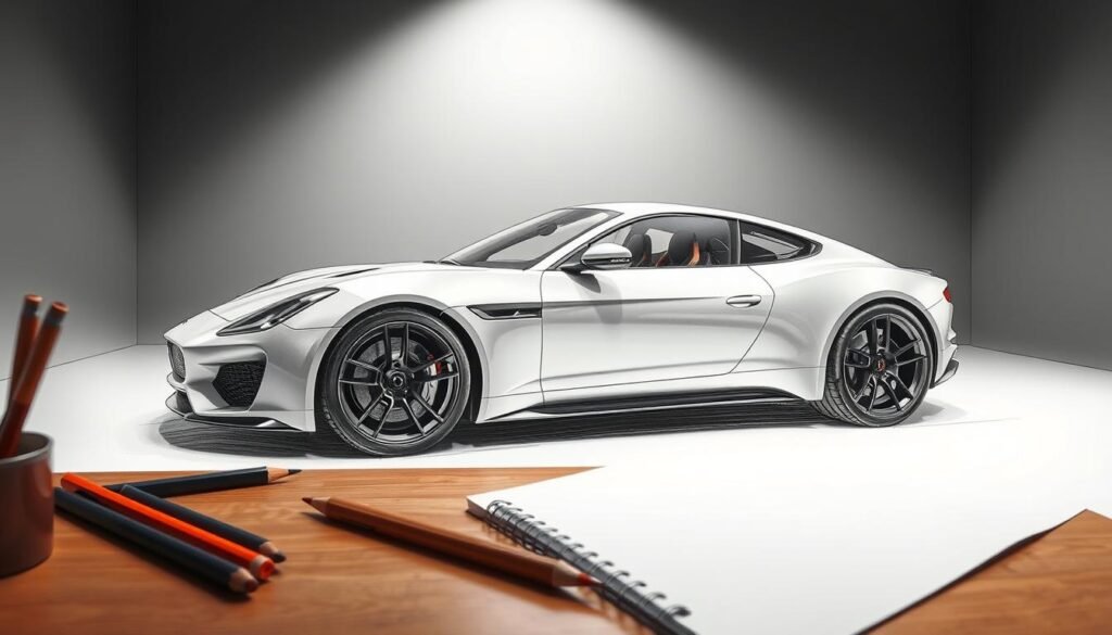 A detailed, hyper-realistic illustration of a car in the process of being drawn, with a focus on the refinement of the lines and forms. The scene is set in a well-lit studio, with a wooden desk in the foreground and a gray backdrop. The car is positioned slightly to the left, with the drawing tools, such as pencils and a sketchpad, visible in the frame. The lighting is soft and directional, casting subtle shadows that accentuate the contours of the car's body. The overall mood is one of concentration and attention to detail, reflecting the "Refining Your Lines" section of the article.