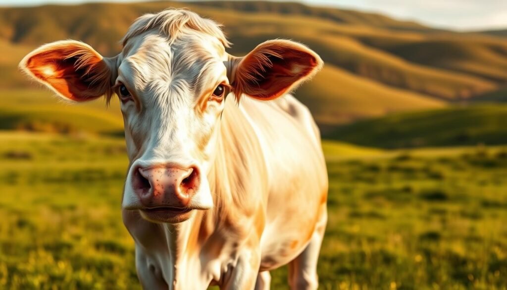 A detailed illustration of a cow, captured in a warm, natural light. The cow stands in the foreground, its features meticulously rendered - the muzzle, eyes, and ears are distinct and expressive. The cow's body is proportional, with a plump, healthy appearance. In the middle ground, a grassy field stretches out, with subtle undulations in the terrain. The background features a gently rolling hillside, bathed in a soft, golden glow, creating a serene, pastoral atmosphere. The overall composition emphasizes the common mistakes to avoid when drawing a cow, such as inaccurate proportions, flat features, and lack of attention to lighting and environment.