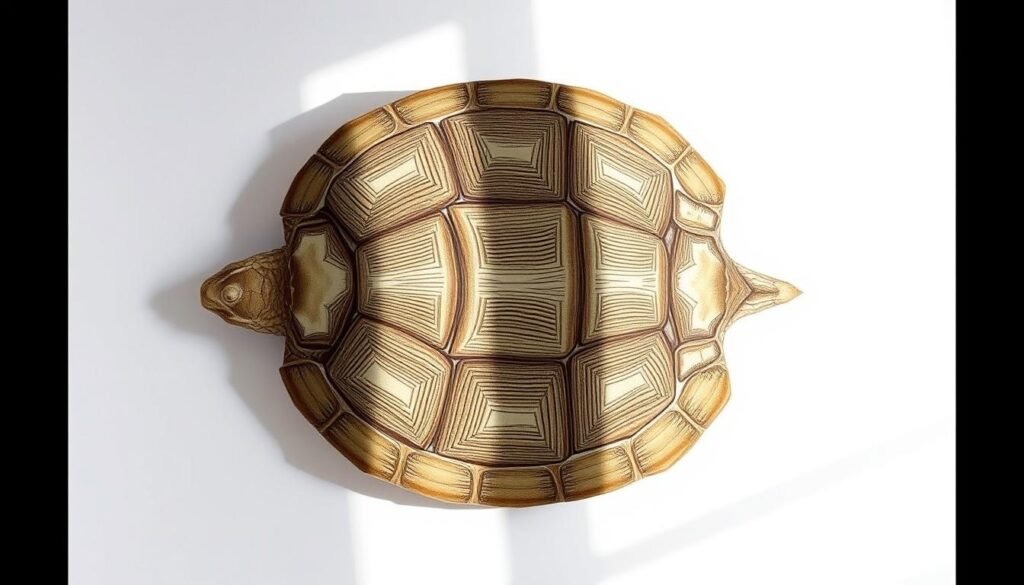 A detailed illustration of a turtle shell, shown in a clear, well-lit three-quarter view. The shell should be the focal point, rendered with intricate textures, patterns, and shading to depict the distinctive scutes, ridges, and contours. The lighting should be soft and natural, casting subtle shadows that accentuate the depth and volume of the shell. The background should be simple and uncluttered, allowing the shell to stand out prominently. The overall composition should convey a sense of study and observation, suitable for guiding the viewer through the basic shapes and forms that make up a turtle's shell.