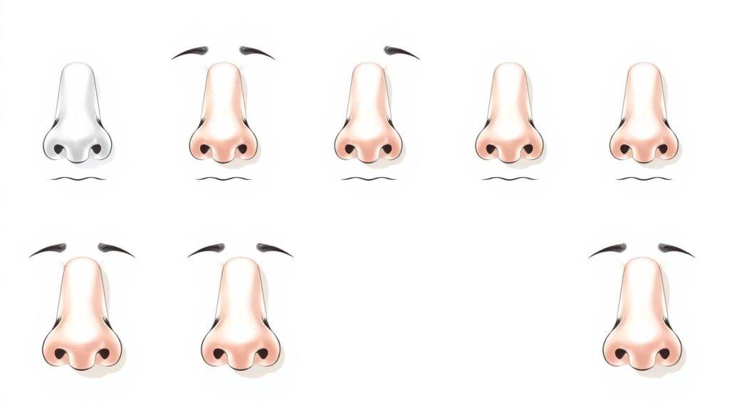 A detailed illustration of basic nose shapes, showcasing front and profile views. Crisp digital rendering in a clean, minimalist style. Soft, even lighting from the left casts subtle shadows, highlighting the form and contours. The noses are depicted against a plain white background, allowing the shapes to take center stage. The overall composition is symmetrical and balanced, with the noses arranged in a grid-like layout for clarity and easy visual comparison. This educational reference image aims to provide a clear, concise visual guide for the early stages of the drawing process.