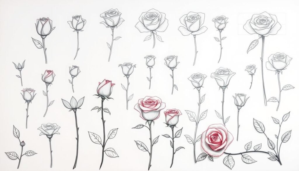 A detailed illustration of common mistakes in rose drawing, showcasing a collection of poorly drawn rose sketches arranged in a grid-like composition. The foreground features several amateur attempts at rose petals, stems, and leaves, with anatomical inaccuracies, distorted proportions, and unnatural shapes. The middle ground presents a diverse array of rose drawing blunders, such as incorrect petal placements, awkward shading, and disproportionate flower heads. The background subtly hints at the ideal rose form, providing a visual reference for comparison. The lighting is soft and diffused, creating a contemplative atmosphere, inviting the viewer to examine and learn from these flawed examples. The overall mood is one of educational guidance, empowering the artist to avoid these pitfalls in their own rose drawing journey.