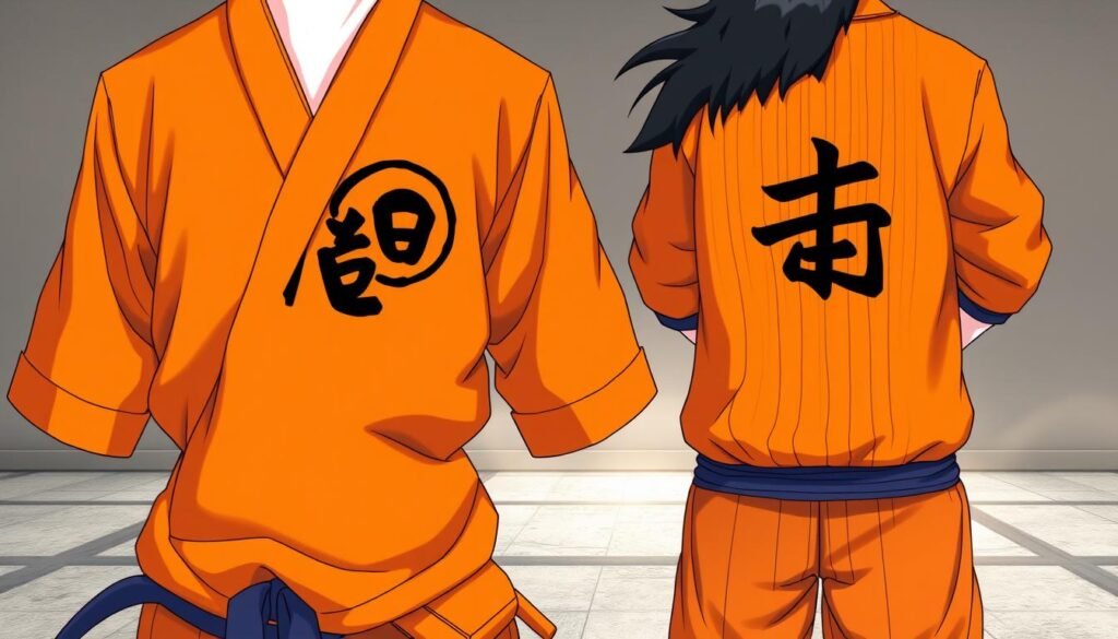 A detailed illustration of the iconic symbols adorning Goku's traditional martial arts uniform, captured in a meticulously rendered, high-resolution image. The foreground showcases the bold, graphic designs of the "Go" (悟) and "Kame" (亀) kanji characters emblazoned on the front and back of the gi, rendered with clean, bold lines and vibrant, saturated colors. The middle ground highlights the intricate patterns and textures of the martial arts uniform, with the characteristic orange hue and ribbed fabric detailing. The background features a serene, minimalist setting, with a soft, atmospheric lighting that accentuates the striking visual elements of Goku's signature attire.