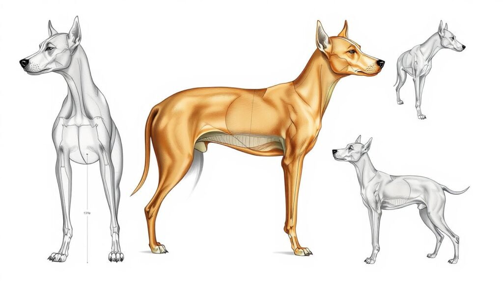 A detailed illustration of the proper proportions for drawing a dog, shown from various angles and perspectives. The dog's head, body, limbs, and features are depicted with anatomical accuracy, guiding the viewer through the essential elements of canine proportion. The scene is lit with soft, directional lighting that accentuates the form and highlights the key structural landmarks. The background is clean and minimalist, allowing the focal subject to be the center of attention. The overall tone is educational and informative, providing a clear visual reference for understanding the importance of proportions in dog drawing.