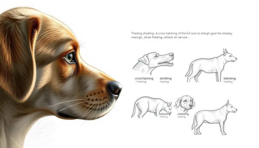 A detailed illustration showcasing various shading techniques for realistic dog drawings. In the foreground, a close-up view of a dog's face, with soft, atmospheric lighting highlighting the contours and textures of the fur. In the middle ground, a progression of sketches demonstrating techniques like hatching, cross-hatching, stippling, and blending to create depth, volume, and a sense of three-dimensionality. The background features a simple, muted setting to keep the focus on the shading demonstrations. The overall mood is one of instructional clarity and artistic focus, inviting the viewer to explore and experiment with different shading approaches for their own dog drawings.