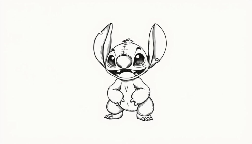 A detailed ink drawing of the iconic Disney character Stitch, with bold, expressive lines and dynamic shading. The character is captured in a lively, mischievous pose, with his large eyes, pointed ears, and distinctive blue fur rendered in intricate detail. The drawing is set against a clean, minimalist background, allowing the intricate inking to take center stage. The lighting is soft and directional, creating depth and dimension within the linework. The overall mood is playful and energetic, reflecting the spirit of the Stitch character. The prompt aims to generate an image that would effectively illustrate the "Inking the Drawing" section of an instructional article on how to draw Stitch.