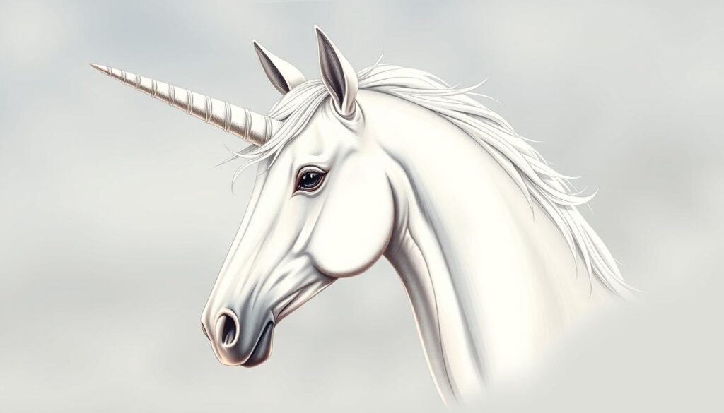 A detailed, intricate illustration of a unicorn head in a natural, realistic style. The unicorn's head is situated in the center of the frame, with a three-quarter view showcasing its distinctive horn, equine features, and elegant expression. The lighting is soft and diffused, emphasizing the unicorn's smooth, lustrous coat and delicate features. The background is blurred, placing the focus entirely on the unicorn's head and creating a sense of depth and dimensionality. The overall composition is balanced and visually striking, capturing the majesty and ethereal beauty of the mythical creature.
