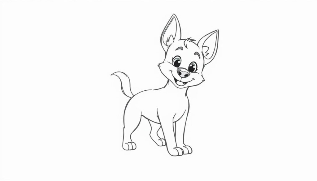 A detailed line drawing of the cartoon character Bluey, the young female blue heeler dog, in the foreground. Bluey is posed facing the viewer, with her front paws down and her head tilted slightly to the side, her expression friendly and curious. The sketch is rendered in thin, confident black lines against a plain white background, capturing the character's simple yet expressive design. The lighting is soft and even, accentuating the flatness of the two-dimensional drawing. The overall tone is simple, clean, and focused on illustrating the basic steps of how to outline and construct this beloved children's animation character.