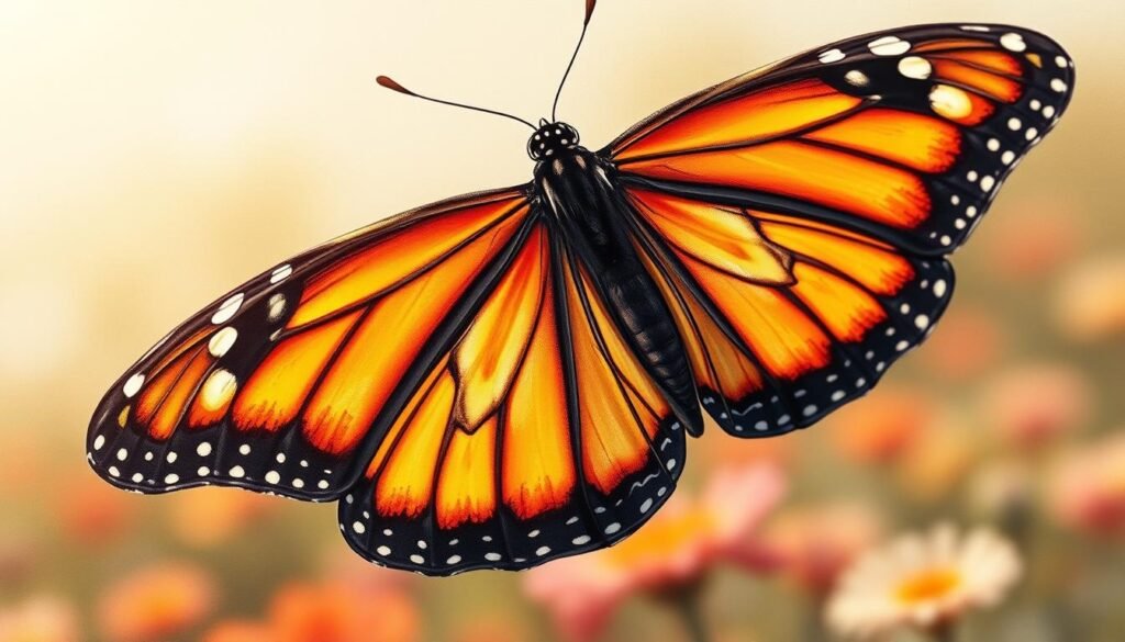 A detailed, meticulously shaded butterfly drawing with vibrant, true-to-life colors. The subject is a stunning monarch butterfly with delicate, translucent wings in an array of oranges, blacks, and whites. The foreground showcases the intricate wing patterns and textures, captured with a shallow depth of field to emphasize the striking coloration. The middle ground features a soft, blurred natural backdrop, perhaps a field of flowers or lush foliage, to complement the butterfly's beauty. Warm, directional lighting from the side casts subtle shadows and highlights, accentuating the three-dimensional form. The overall mood is one of serene naturalism, inviting the viewer to appreciate the incredible artistry and realism of the drawing.