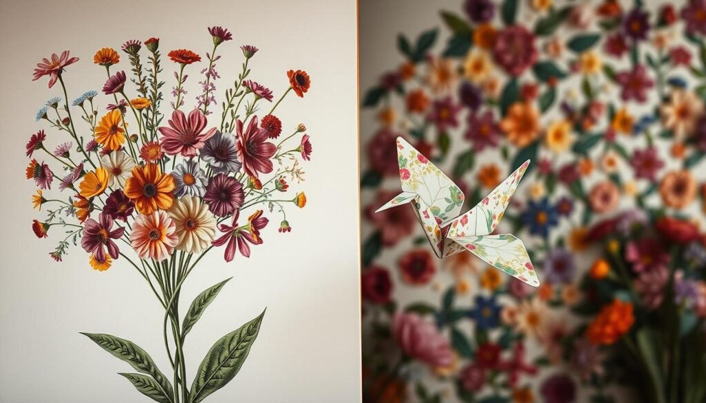 A detailed oil painting depicting a variety of flower art forms in a harmonious composition. In the foreground, an intricately hand-drawn botanical illustration of a bouquet of vibrant wildflowers. In the middle ground, a delicate origami crane made from vibrant floral paper takes flight. In the background, a whimsical floral mosaic mural adorns the wall, showcasing intricate patterns and textures. The lighting is soft and natural, accentuating the organic textures and rich colors. The overall mood is one of artistic inspiration and the harmonious integration of flowers into diverse creative mediums.