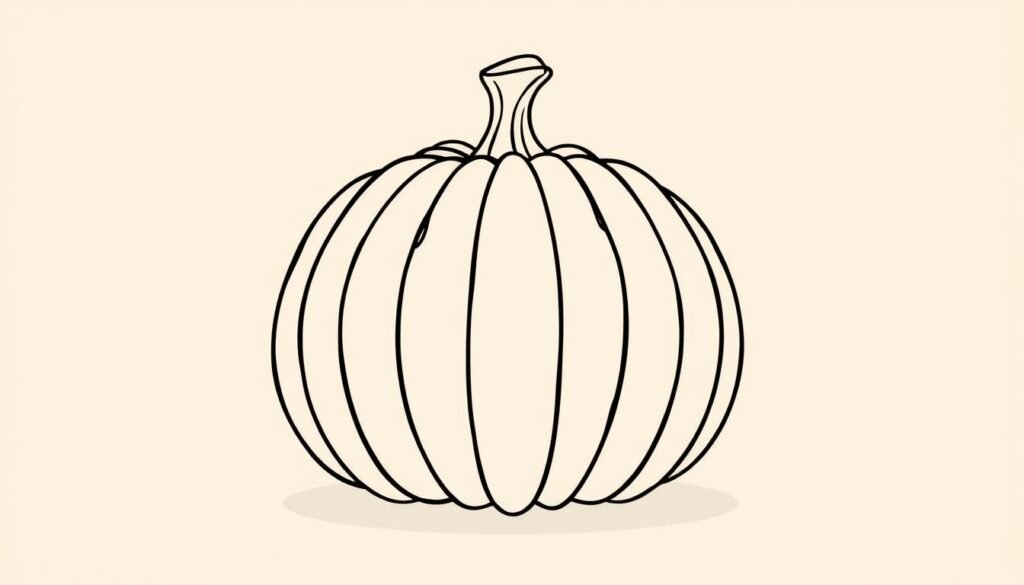 A detailed outline of a pumpkin, rendered in a clean, minimalist style with a soft, warm lighting. The pumpkin is positioned in the center of the frame, with a slightly angled perspective to showcase its rounded form. The outline is defined by clean, precise lines that clearly delineate the pumpkin's distinctive ridges and stem. The background is a simple, neutral color that allows the pumpkin's shape to be the focal point. The overall atmosphere is one of simplicity and clarity, highlighting the basic geometric shapes that form the foundation of a pumpkin drawing.