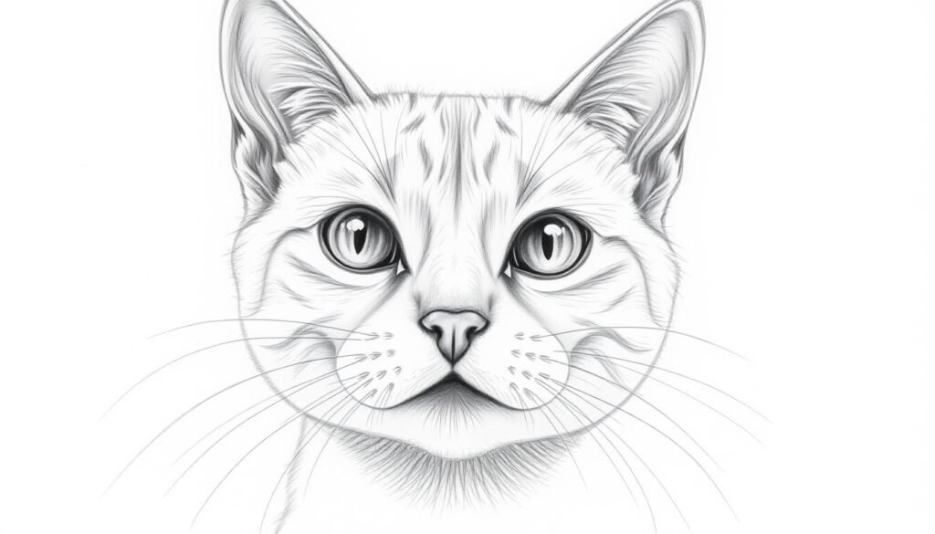 A detailed pencil sketch of a cat's face, with a focus on the expressive eyes, button nose, and delicate whiskers. The feline features are rendered with precise linework and gentle shading, capturing the cat's inquisitive and playful personality. The background is a simple, neutral setting that allows the subject to take center stage. The lighting is soft and diffused, creating subtle highlights and shadows that enhance the depth and texture of the drawing. The overall mood is one of quiet contemplation, inviting the viewer to study the intricacies of the cat's facial anatomy.