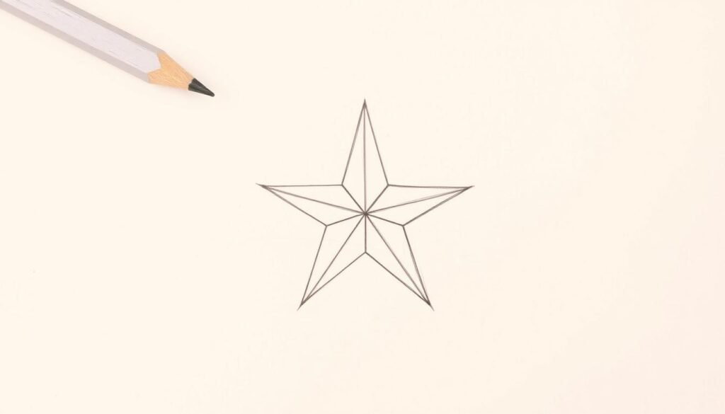 A detailed pencil sketch of a five-pointed star drawn on a textured paper surface, with clean, sharp lines and smooth shading. The star is centered in the frame, with a soft, warm lighting from the upper left, casting subtle shadows that add depth and dimension. The background is a soft, muted color, allowing the star to be the focal point. The overall style is realistic and refined, with a calm, contemplative mood that suits the instructional nature of the subject.