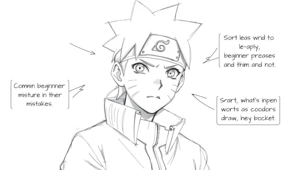 A detailed pencil sketch of a young anime character, Naruto Uzumaki, mid-drawing pose, with a focused expression, surrounded by common beginner mistakes depicted as speech bubbles or annotations around the edges. The lighting is soft, creating subtle shadows that enhance the form and features. The background is minimalist, with a plain white or light gray tone, keeping the attention on the central character and the instructional elements. The overall mood is educational and informative, guiding the viewer on what to avoid when learning to draw this iconic anime protagonist.