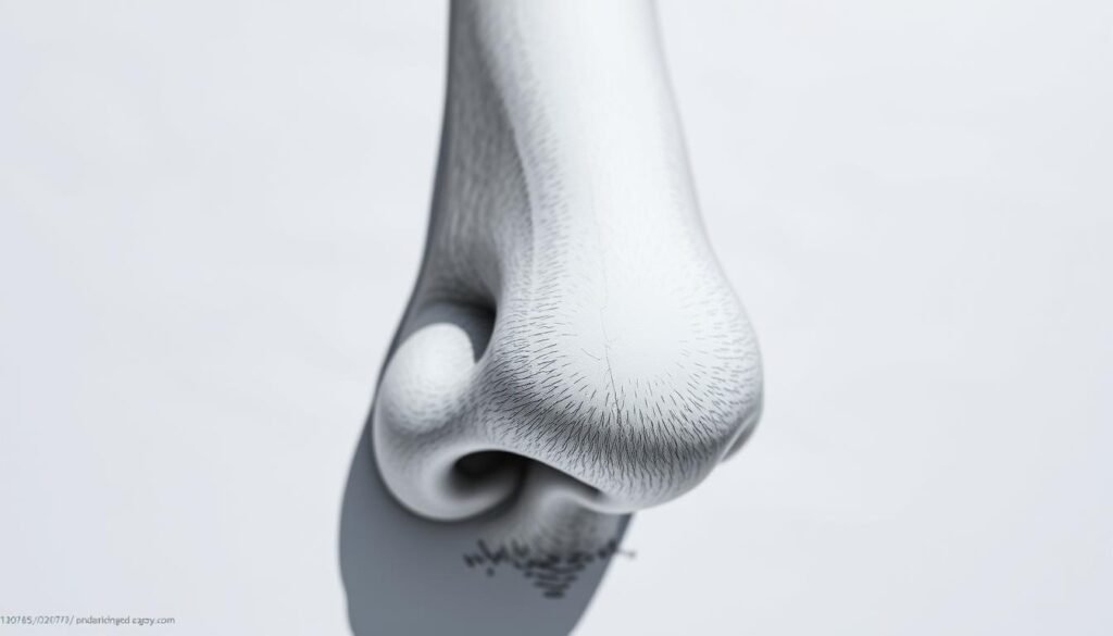 A detailed, photorealistic drawing of a human nose in the foreground, rendered in high definition. The nose is shown in a three-quarter view, with precise anatomical details such as nostrils, bridges, and contours highlighted. The lighting is natural and directional, creating subtle shadows and highlights that accentuate the form and texture of the nose. The background is blurred and out of focus, placing the emphasis solely on the intricate drawing of the nose.