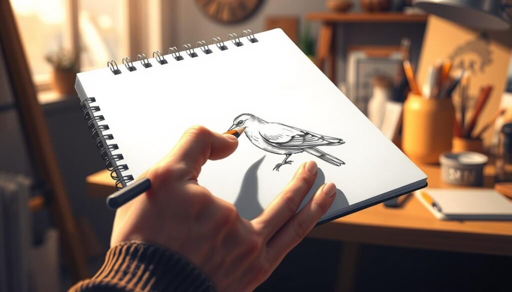A detailed, photorealistic illustration of a person's hand meticulously shading and finishing a hand-drawn bird sketch on a sketchpad, with a warm, natural lighting illuminating the scene. The hand, pencil, and sketchpad are prominently featured in the foreground, with the sketch of the bird in the middle ground. The background is slightly blurred, showcasing a cozy, creative workspace with art supplies and minimal decor. The overall mood is one of focused, artistic concentration and the satisfaction of completing a realistic bird drawing. A detailed, photorealistic illustration of a person's hand meticulously shading and finishing a hand-drawn bird sketch on a sketchpad, with a warm, natural lighting illuminating the scene. The hand, pencil, and sketchpad are prominently featured in the foreground, with the sketch of the bird in the middle ground. The background is slightly blurred, showcasing a cozy, creative workspace with art supplies and minimal decor. The overall mood is one of focused, artistic concentration and the satisfaction of completing a realistic bird drawing.