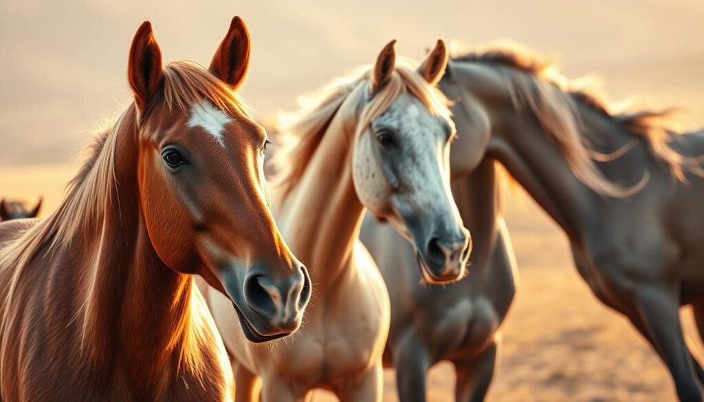 A detailed portrait showcasing various equine coloring techniques. In the foreground, a stunning chestnut horse stands proud, its coat meticulously rendered with a soft, natural sheen. The middle ground features a vibrant palomino horse, its golden hues and delicate dappling captured with exquisite precision. In the background, a majestic grey horse emerges, its flowing mane and tail catching the light in a captivating display. The overall scene is bathed in a warm, golden glow, creating a serene and inviting atmosphere. The image is captured through a medium-wide lens, allowing the viewer to appreciate the intricacies of each horse's unique coloration and markings.