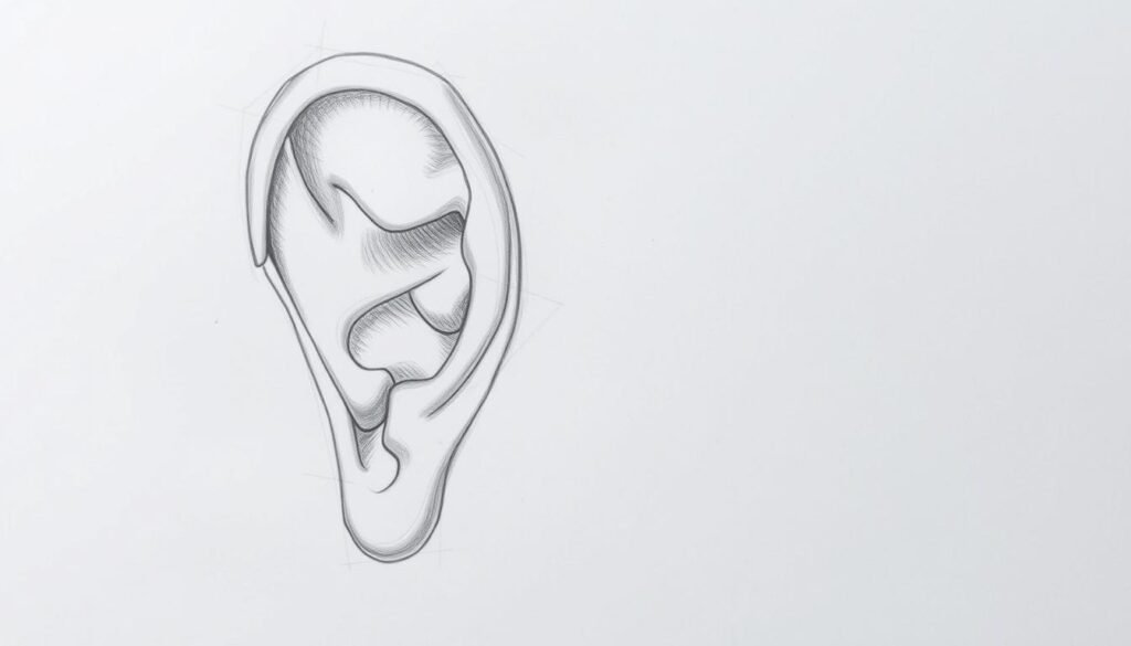 A detailed, realistic hand-drawn sketch of a pair of human ears, meticulously rendered with precise anatomical accuracy. The ears are shown in a frontal view, with attention to the intricate folds, curves, and contours of the outer ear structure. The lighting is natural and diffused, creating subtle shadows that enhance the depth and dimensionality of the drawing. The background is clean and minimalist, allowing the ears to be the sole focus of the image. The overall mood is one of careful study and attention to detail, reflecting the instructional nature of the "Adding Ears to Your Drawing" section.