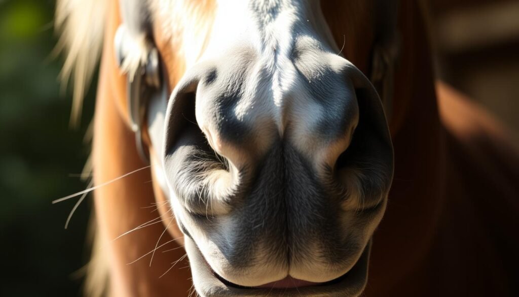 A detailed, realistic horse face, in close-up view, with soft, natural lighting illuminating the various features. The eyes are expressive, the nostrils flared, and the muzzle textured with delicate whiskers. The horse's fur has a slight sheen, conveying a healthy, well-groomed appearance. The angle showcases the horse's profile, highlighting the distinctive curve of the nose and the elegance of the facial structure. The background is slightly blurred, keeping the focus on the intricate details of the horse's face.