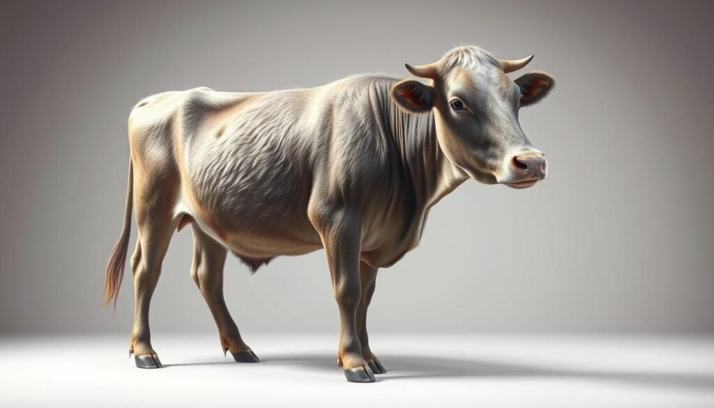 A detailed, realistically rendered cow standing in a well-lit studio, focused on demonstrating various shading and texturing techniques. The cow's fur is meticulously rendered, with subtle highlights and shadows to showcase the depth and volume of the coat. The pose is relaxed, allowing the viewer to study the animal's form. In the foreground, the cow's head is turned slightly, revealing the intricate shading and detailing around the eyes, muzzle, and ears. The background is a simple, neutral studio setting, allowing the subject to be the primary focus. The lighting is soft and directional, creating a sense of depth and dimension. The overall mood is one of quiet study and observation, inviting the viewer to explore the nuances of rendering a realistic cow.