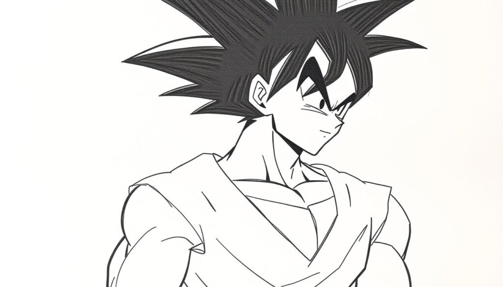 A detailed sketch of Goku's core shapes and forms, depicted in a clean, minimalist style. A simple, dynamic pose showcasing the character's iconic silhouette - the angular spikes of his hair, the broad shoulders, and powerful, muscular frame. The composition highlights the essential geometric elements that define Goku's design, using light, shadow, and thin, confident linework to capture his athletic, heroic presence. The mood is focused and instructional, guiding the viewer through the basic construction of this beloved anime character.