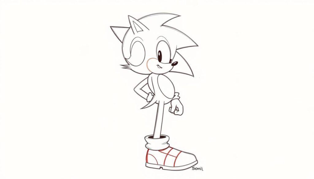 A detailed sketch of Sonic the Hedgehog's body in a neutral pose, showcasing his distinctive design elements. Sonic stands in a mid-stride position, with his iconic spiky quills, pointed ears, and bright red sneakers clearly visible. The image has a clean, line-art style with minimal shading, emphasizing the character's iconic silhouette and proportions. The background is plain and uncluttered, allowing the subject to be the focus. Soft, warm lighting from the side creates subtle shadows that accentuate Sonic's streamlined, athletic physique. The overall mood is one of dynamic energy and simplicity, suitable for instructional content on how to draw this classic video game character.