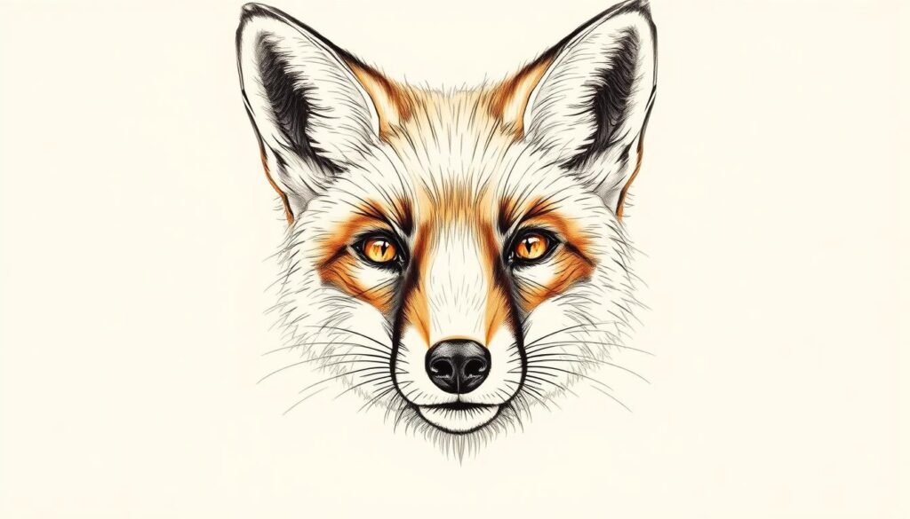 A detailed sketch of a fox face, facing forward and slightly angled, filled with expressive features. The fur is rendered in fine, detailed strokes, with a soft, warm lighting that highlights the texture and sheen. The eyes are alert and piercing, conveying the fox's keen intelligence. The nose and muzzle are finely sculpted, with delicate whiskers and an open, inquisitive expression. The ears are pricked forward, adding to the sense of focus and attention. The background is minimalist, placing the emphasis squarely on the intricate details of the fox's face and allowing the viewer to concentrate on the essential elements of the subject.
