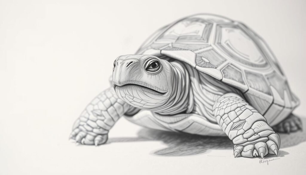 A detailed sketch of a turtle, captured in a thoughtful, introspective moment. The turtle is positioned in the foreground, with a neutral, pensive expression on its face. The background is softly blurred, allowing the viewer to focus on the delicate textures and intricate patterns of the turtle's shell. Lighting is diffused, creating gentle shadows that accentuate the form and contours of the creature. The overall mood is one of quiet contemplation, inviting the viewer to study the complexities of this iconic reptile and avoid common mistakes when attempting to capture its essence through drawing.