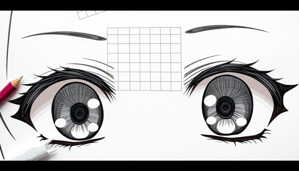 A detailed, step-by-step artistic guide on how to draw anime eyes with highlights. In the foreground, a pair of large, expressive anime-style eyes with intricate details and well-defined features, including the iris, pupil, and delicate eyelashes. The eyes are drawn with a confident, illustrative style, capturing the essence of the anime aesthetic. The middle ground features a geometric construction grid, illustrating the underlying structure and proportions necessary for creating believable anime eyes. In the background, a soft, diffused lighting setup casts dramatic shadows and highlights, accentuating the three-dimensional form of the eyes. The overall mood is one of instructional clarity and artistic inspiration, inviting the viewer to unleash their own anime art skills.