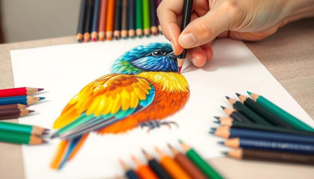 A detailed, step-by-step demonstration of drawing a vibrant, life-like bird with colored pencils. In the foreground, a hand carefully applying layers of warm ochre, azure, and emerald hues to a realistic avian form, capturing the sheen of feathers and the delicate details of the beak and eyes. The middle ground showcases an assortment of high-quality colored pencils in a range of vivid shades, arranged neatly on a clean, light-colored surface. The background features a soft, blurred gradient, lending a sense of focus and emphasis to the drawing process. Excellent lighting, showcasing the richness of the colors and the precise technique. The overall mood is one of patient, skillful artistry, inviting the viewer to embark on their own avian drawing journey. A detailed, step-by-step demonstration of drawing a vibrant, life-like bird with colored pencils. In the foreground, a hand carefully applying layers of warm ochre, azure, and emerald hues to a realistic avian form, capturing the sheen of feathers and the delicate details of the beak and eyes. The middle ground showcases an assortment of high-quality colored pencils in a range of vivid shades, arranged neatly on a clean, light-colored surface. The background features a soft, blurred gradient, lending a sense of focus and emphasis to the drawing process. Excellent lighting, showcasing the richness of the colors and the precise technique. The overall mood is one of patient, skillful artistry, inviting the viewer to embark on their own avian drawing journey.