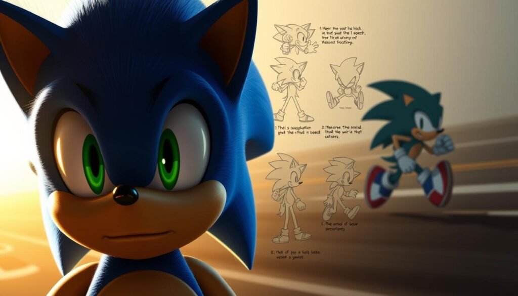 A detailed, step-by-step guide on how to avoid common mistakes when drawing Sonic the Hedgehog. In the foreground, a close-up view of Sonic's head, capturing his iconic spiky quills, large expressive eyes, and small but determined mouth. In the middle ground, a series of sketches showcasing incorrect proportions, awkward body poses, and improper coloring techniques. In the background, a faint silhouette of Sonic running at high speed, conveying the dynamic energy of the character. The lighting is a mix of warm and cool tones, creating depth and a sense of motion. The overall tone is instructional, with a focus on education and improvement, rather than critique.