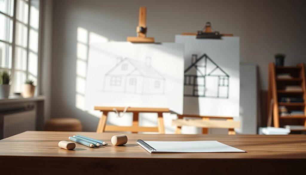 A detailed, step-by-step guide on how to draw a house, set against a softly lit studio environment. The foreground features a clean, minimalist wooden desk with sketching supplies - pencils, an eraser, and a sketchpad. The middle ground showcases an easel with a partially completed house sketch, capturing the process of the drawing. In the background, natural light filters through large windows, creating a warm, inviting atmosphere. The scene conveys a sense of focus, simplicity, and the joy of honing one's artistic skills.