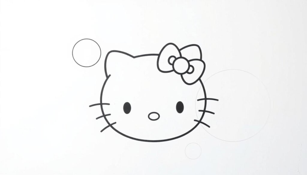 A detailed, step-by-step guide on how to draw the iconic Hello Kitty head. In the foreground, a simplified, cartoon-style illustration of the classic Hello Kitty face, with large, expressive eyes, a small nose, and a simple, smiling mouth. In the middle ground, a series of basic geometric shapes - circles, ovals, and lines - demonstrating the foundational construction of the character. The background is a clean, minimalist white space, allowing the subject to take center stage. Soft, diffused lighting illuminates the illustration, creating a warm, welcoming atmosphere. The overall style is clean, crisp, and accessible, reflecting the approachable nature of the "how-to" subject matter.