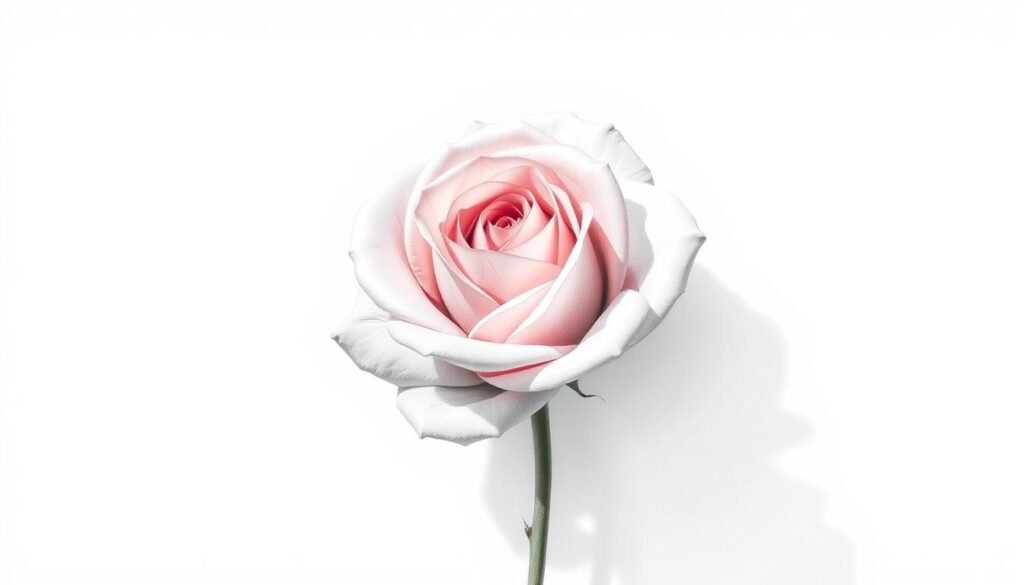 A detailed step-by-step guide to drawing a rose in a realistic style. A single rose in full bloom, centered in the frame, occupying the majority of the image. The rose is illuminated by soft, diffused natural lighting from the left, creating subtle shadows and highlights that accentuate the delicate petals and intricate textures. The background is a clean, minimal white or light gray, allowing the rose to be the sole focus. The perspective is slightly elevated, providing an angled, three-quarter view of the flower. The level of detail should be high, capturing the nuances of the petal shapes, vein patterns, and subtle color variations within the rose.