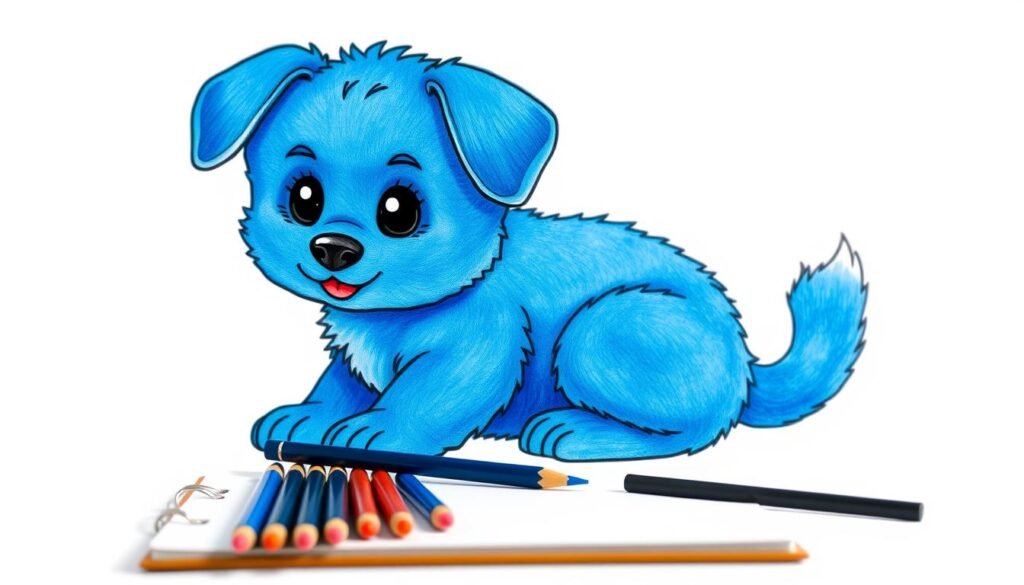 A detailed step-by-step illustration of how to color the beloved Bluey character. Bluey, a vibrant blue puppy, is the central focus, sitting on a plain white background. Subtle, soft lighting illuminates Bluey's fluffy fur, highlighting the gentle curves and contours of her body. In the foreground, a set of high-quality colored pencils and a sketchpad are neatly arranged, inviting the viewer to join in the creative process. The scene exudes a sense of simplicity, creativity, and approachability, perfectly capturing the essence of the "Learn to Draw Bluey" tutorial.