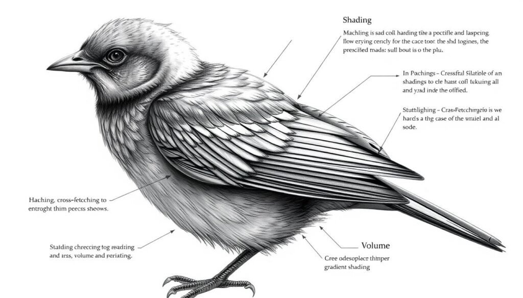A detailed, step-by-step illustration showcasing various shading techniques for drawing a bird. The image depicts a close-up view of a bird's feathered body, rendered with exquisite detail and precision. Soft, diffused lighting from the side creates subtle shadows and highlights, accentuating the intricate textures and contours of the plumage. The shading techniques demonstrated include hatching, cross-hatching, stippling, and gradient shading, illustrating how to create depth, volume, and a sense of realism. The bird's pose is natural and dynamic, capturing its graceful form. The overall mood is one of artistic study and technical mastery, providing a valuable reference for aspiring bird artists. A detailed, step-by-step illustration showcasing various shading techniques for drawing a bird. The image depicts a close-up view of a bird's feathered body, rendered with exquisite detail and precision. Soft, diffused lighting from the side creates subtle shadows and highlights, accentuating the intricate textures and contours of the plumage. The shading techniques demonstrated include hatching, cross-hatching, stippling, and gradient shading, illustrating how to create depth, volume, and a sense of realism. The bird's pose is natural and dynamic, capturing its graceful form. The overall mood is one of artistic study and technical mastery, providing a valuable reference for aspiring bird artists.