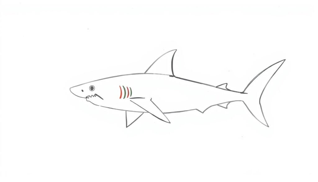 A detailed step-by-step shark drawing tutorial on a clean white background. The shark sketch in the foreground is a simple yet elegant line drawing, showcasing the key features - triangular head, streamlined body, and powerful fins. The drawing is rendered in a minimalist style using crisp, confident strokes. The middle ground features carefully constructed sketching guidelines, suggesting the construction process. In the background, a subtly textured surface provides a clean, uncluttered space, allowing the tutorial elements to take center stage. The overall mood is informative and instructional, guiding the viewer through the basics of shark illustration in a clear, approachable manner.