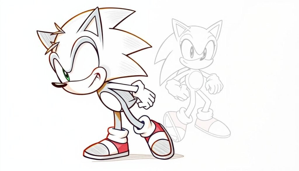 A detailed, step-by-step tutorial on drawing Sonic the Hedgehog. In the foreground, a dynamic, close-up view of Sonic's head and shoulders, emphasizing the character's iconic spiky quills, large eyes, and confident expression. In the middle ground, Sonic's body takes shape, with detailed linework defining his streamlined form, signature red sneakers, and dynamic pose, as if he's in the midst of a high-speed dash. The background is a minimalist, slightly blurred environment, allowing the focus to remain on the subject. Warm, natural lighting casts subtle shadows, adding depth and dimension to the illustration. The overall mood is energetic, playful, and true to the Sonic franchise's vibrant aesthetic.