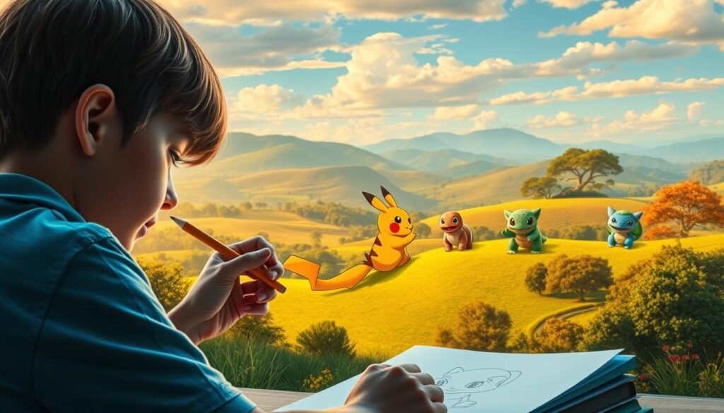 A detailed, step-by-step tutorial on how to draw Pokémon characters with vibrant, imaginative backgrounds. The foreground features a young artist, pencil in hand, intently focused on sketching a Pikachu. In the middle ground, a variety of Pokémon - Charmander, Squirtle, Bulbasaur - emerge from lush, fantastical landscapes, their unique designs and poses showcasing the diversity of the Pokémon universe. The background is a panoramic vista, with rolling hills, swaying trees, and a warm, golden-hour sky that illuminates the scene with a sense of wonder and inspiration. Soft, diffused lighting creates depth and dimension, while a slightly oblique camera angle emphasizes the tutorial's instructional nature. The overall mood is one of creativity, adventure, and the joy of mastering the art of Pokémon illustration.