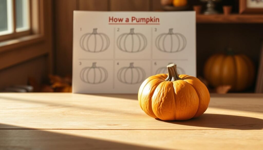 A detailed step-by-step tutorial on how to draw a pumpkin. In the foreground, a simple pumpkin shape with a roughly textured surface sits on a wooden table, casting a soft shadow below. In the middle ground, a step-by-step illustration shows the basic construction of the pumpkin shape, with guidelines for the shape, features, and shading. The background is a warm, autumnal scene with a cozy, rustic atmosphere, featuring fallen leaves and a muted color palette. Soft, diffused lighting from the side creates gentle highlights and shadows, emphasizing the form and texture of the pumpkin. The overall scene has a welcoming, instructional tone, inviting the viewer to follow along and learn how to draw a pumpkin.