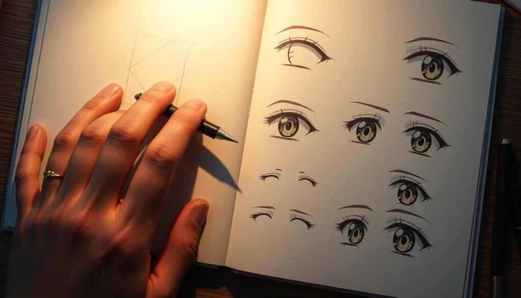 A detailed step-by-step tutorial on how to draw anime eyes. A skilled hand gently sketches the initial outline, guiding the viewer through the process. Soft lighting illuminates the page, creating a warm, inviting atmosphere. The illustration showcases various eye shapes and expressions, from wide-eyed wonder to narrowed focus. Delicate strokes bring forth the distinctive anime aesthetic, with each detail meticulously rendered. The image serves as a visual aid, inspiring artists to practice and refine their eye-drawing skills, unlocking the secrets to capturing the captivating essence of anime characters.