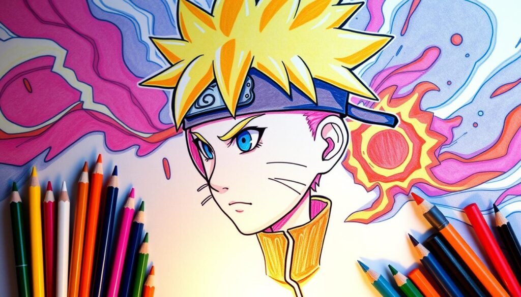 A detailed step-by-step tutorial on how to draw the iconic Naruto character in vibrant colors. The foreground depicts Naruto's face in a classic profile view, with his distinctive spiky blonde hair, piercing blue eyes, and bold facial features. The middle ground showcases the process of coloring, with colored pencils, markers, and paint brushes surrounding the partially completed drawing. The background features a dynamic manga-inspired scene, with swirling energy lines and abstract patterns that capture the dynamic spirit of the Naruto universe. Soft, warm lighting illuminates the scene, creating a inviting and instructive atmosphere for the learner.