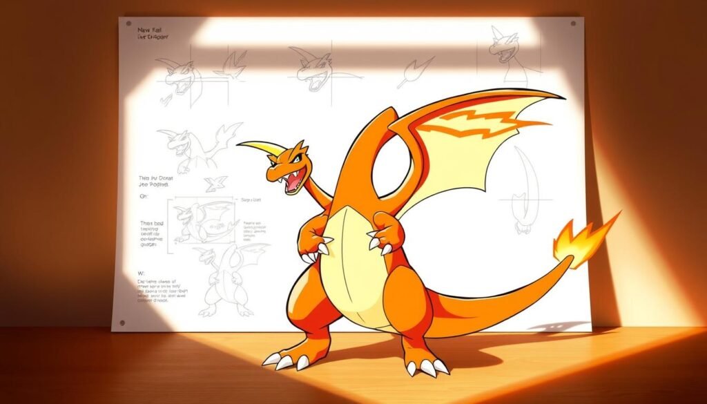 A detailed step-by-step tutorial on how to draw the iconic Pokémon, Charizard. In the foreground, a dynamic Charizard figure, wings outstretched, flames billowing from its mouth. Captured in a dramatic, three-quarter view that highlights its powerful physique and fierce expression. In the middle ground, a set of construction lines and sketching guides, illustrating the construction of the Charizard's form, from the basic shapes to the refined details. In the background, a clean, minimalist setting, allowing the drawing process to be the sole focus. Warm, natural lighting casts dramatic shadows, emphasizing the volume and texture of the Charizard. The overall atmosphere is one of a instructional, yet visually captivating, drawing lesson, inspiring budding artists to bring this legendary Pokémon to life.