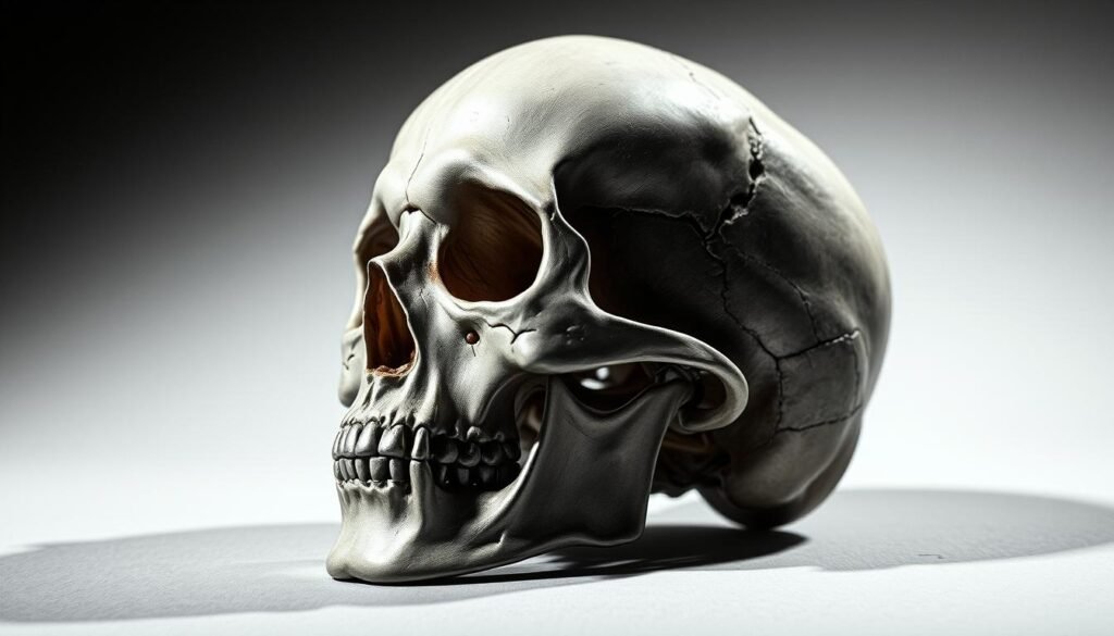A detailed study of a human skull, with a focus on common mistakes to avoid when drawing it. The skull is captured in a high-contrast, moody lighting, showcasing its intricate bone structure and defining features. The foreground features a close-up view of the skull, highlighting the shape of the cranium, the orbital sockets, the nasal cavity, and the mandible. The middle ground includes subtle shadows and highlights, emphasizing the depth and dimensionality of the skull. The background is a muted, neutral tone, allowing the subject to take center stage. The overall atmosphere is one of anatomical precision and artistic study, guiding the viewer towards a better understanding of the challenges and subtleties of rendering a realistic human skull.