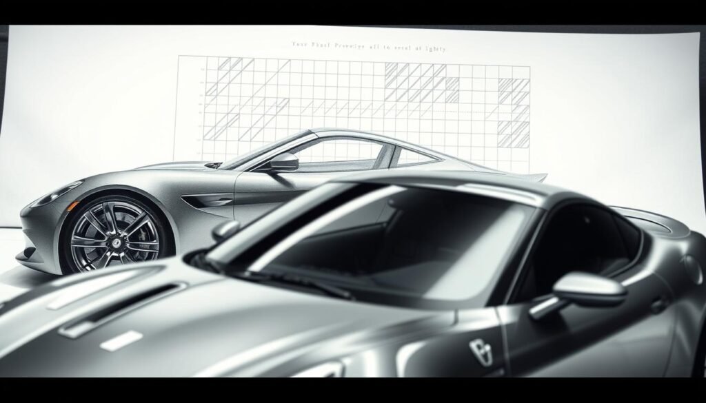 A detailed study of car shading techniques, showcasing various methods to add depth and realism. In the foreground, a sleek sports car, its metallic surfaces reflecting the carefully positioned lighting. Subtle gradients of shadow and highlight define the curvatures of the body. In the middle ground, a reference grid demonstrates how to apply strategic hatching, cross-hatching, and blending to capture the car's three-dimensional form. In the background, a softer focus reveals a studio setting with subtle textures, conveying a sense of artistic exploration and instruction. The overall mood is one of technical precision, inviting the viewer to delve into the nuances of shading for car drawing.