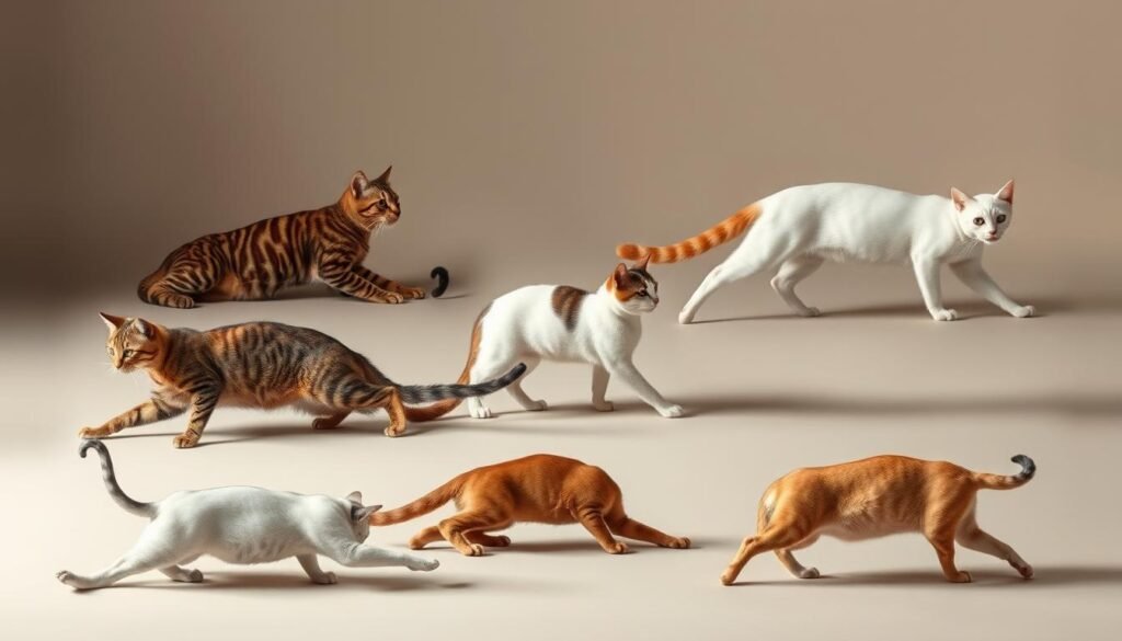 A detailed study of distinct cat body shapes, showcasing their expressive physiology and dynamic movements. A feline quintet in various poses - a lounging tabby, a pouncing calico, a reclining Persian, a prowling Siamese, and a playful Maine Coon - captured in a softly lit, minimalist studio setting. Emphasis on the sculptural form, flexible limbs, and fluid contours that define the essence of the domestic cat. Rendered in a warm, muted color palette to highlight the subtle nuances of each breed's silhouette and musculature. An insightful reference for artists seeking to capture the graceful anatomy and kinetic energy of these captivating creatures.