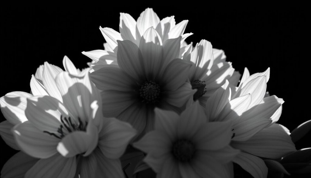 A detailed study of various shading techniques in a realistic rendering of a flower arrangement. The foreground features soft, graduated shadows cast by the petals and leaves, capturing the delicate textures and forms. The middle ground showcases a range of shading methods, from subtle hatching to tonal gradients, accentuating the depth and volume of the flowers. In the background, dramatic chiaroscuro lighting creates dramatic highlights and shadows, adding a sense of drama and depth to the composition. The overall mood is one of contemplative study, inviting the viewer to explore the nuances of shading and texturing in a naturalistic setting.